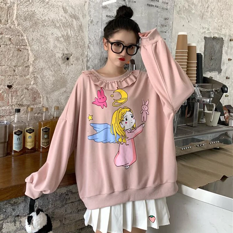 Kawaii милый мультфильм графический принт толстовка с капюшоном маленький свежий воротник с рюшами женские толстовки свободные весенние и осенние Топы в Корейском стиле - Цвет: Pink