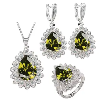 

Water Drop Green Peridot 925 Silver Jewelry Set for Women Wedding Earrings Necklace pendant Ring 4 Colors Available