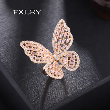 

FXLRY Trendy Jewelry White /Gold Color Cubic Zirconia Top Quality Cute Butterfly Ring Open Rings For Women
