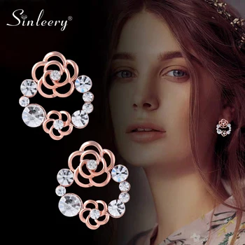 

SINLEERY Chic Hollow Flower Heart Stud Earrings Rose Gold Color Black Clear Crystal Pearl Earrings For Women Jewelry ES268 SSG