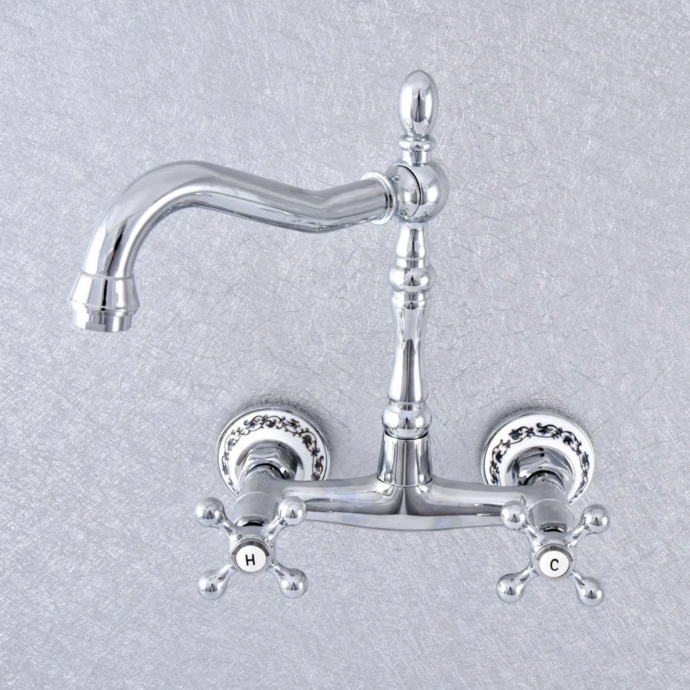 Polished Chrome Dual Handles Bathroom Kitchen Sink Faucets Wall Mounted Swivel Spout Two Holes Kitchen Mixer Taps Nsf788
