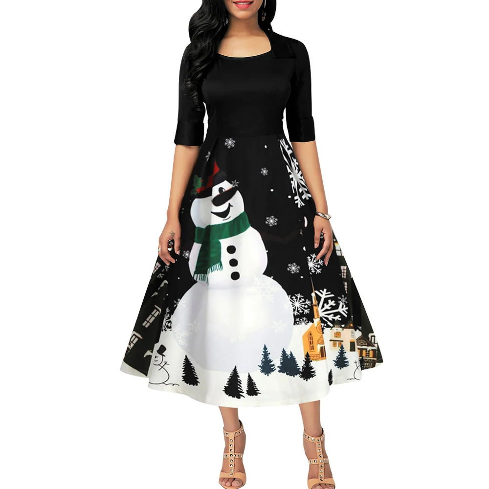 

Christmas Dress Women Vintage Long Sleeve Dress Vestidos Snowman Print Maxi Dresses Lady Elegant New Year Xmas Party Dress D30