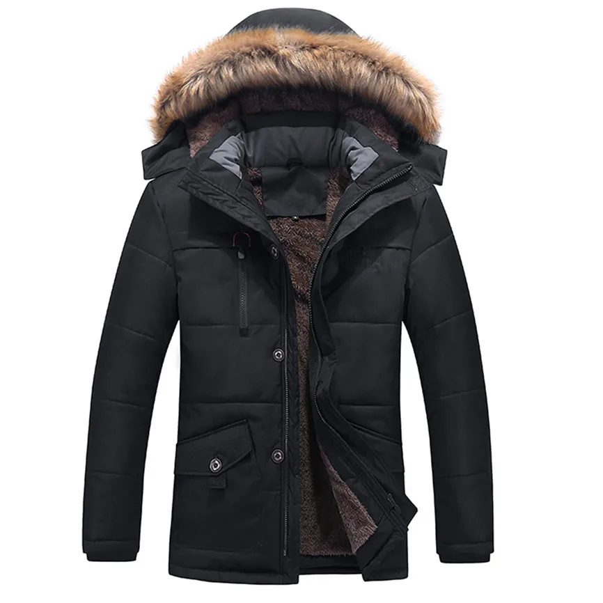 Толстая мужская зимняя куртка средней длины на молнии, утолщенная хлопковая Верхняя одежда со съемным капюшоном, мужские зимние парки