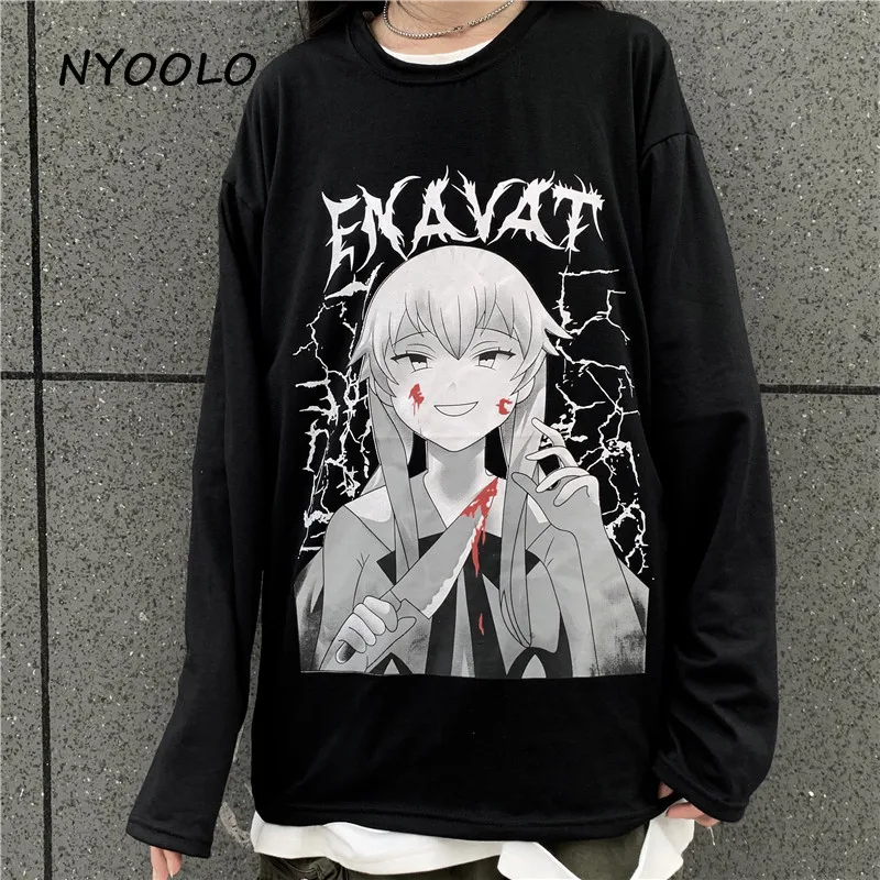 NYOOLO Harajuku стиль мультфильм ужас девушка с буквенным принтом Футболка Осенняя уличная одежда с длинным рукавом Футболка женская мужская одежда Топ