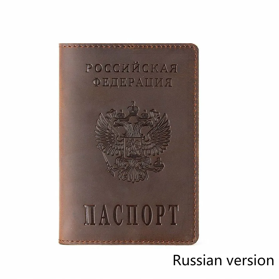 Герб России, логотип, Обложка для паспорта, двуязычная версия, предназначенная для винтажной натуральной кожи Crazy Horse, держатель для карт, чехол для паспорта - Цвет: Brown Russia