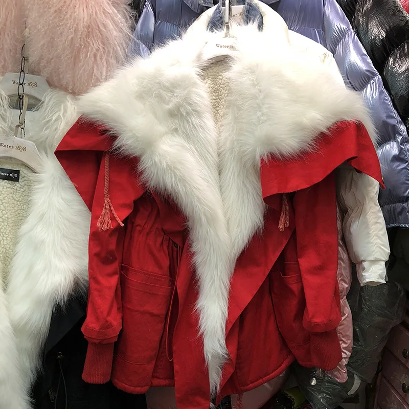 Зимнее пальто из искусственной овечьей шерсти, Женская куртка средней длины с большим меховым воротником, свободная куртка с хлопковой подкладкой, парка, Трендовое теплое пальто