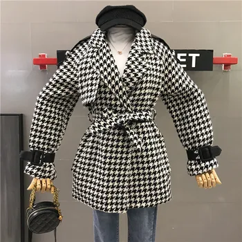 

2019 New Autumn Winter Vintage Houndstooth Female Overcoat Elegant All-match Turn Down Collar Slim Waist Woolen Jacket Coat