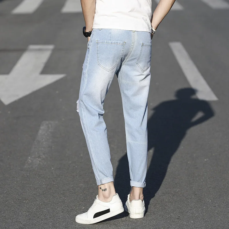 Flash Sale Spring and autumn fashion men's cotton and linen stretch jeans trousers loose holes denim street Korean tight skinny pants