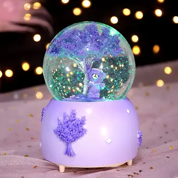 

Cute Cartoon Tabletop Ornaments Gift Flying Snow Rotating Lights Music Box Violin Lavender Bear Crystal Ball