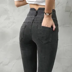 Nova cintura alta veludo densamente jeans feminino inverno magro estiramento calças de brim quentes mãe calças jeans preto com lã p125