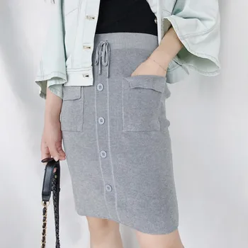 

High Waist Pocket Design Skirt For Women Drawstring Skirts Cotton Solid Color Button Tight Skirts