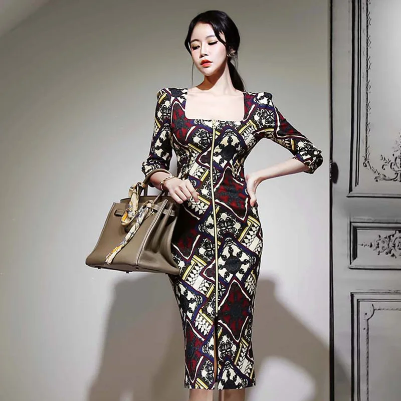 

2020 Spring And Autumn Korean-style New Style Baroque Printed Slim Fit Sheath Dress a Grant from