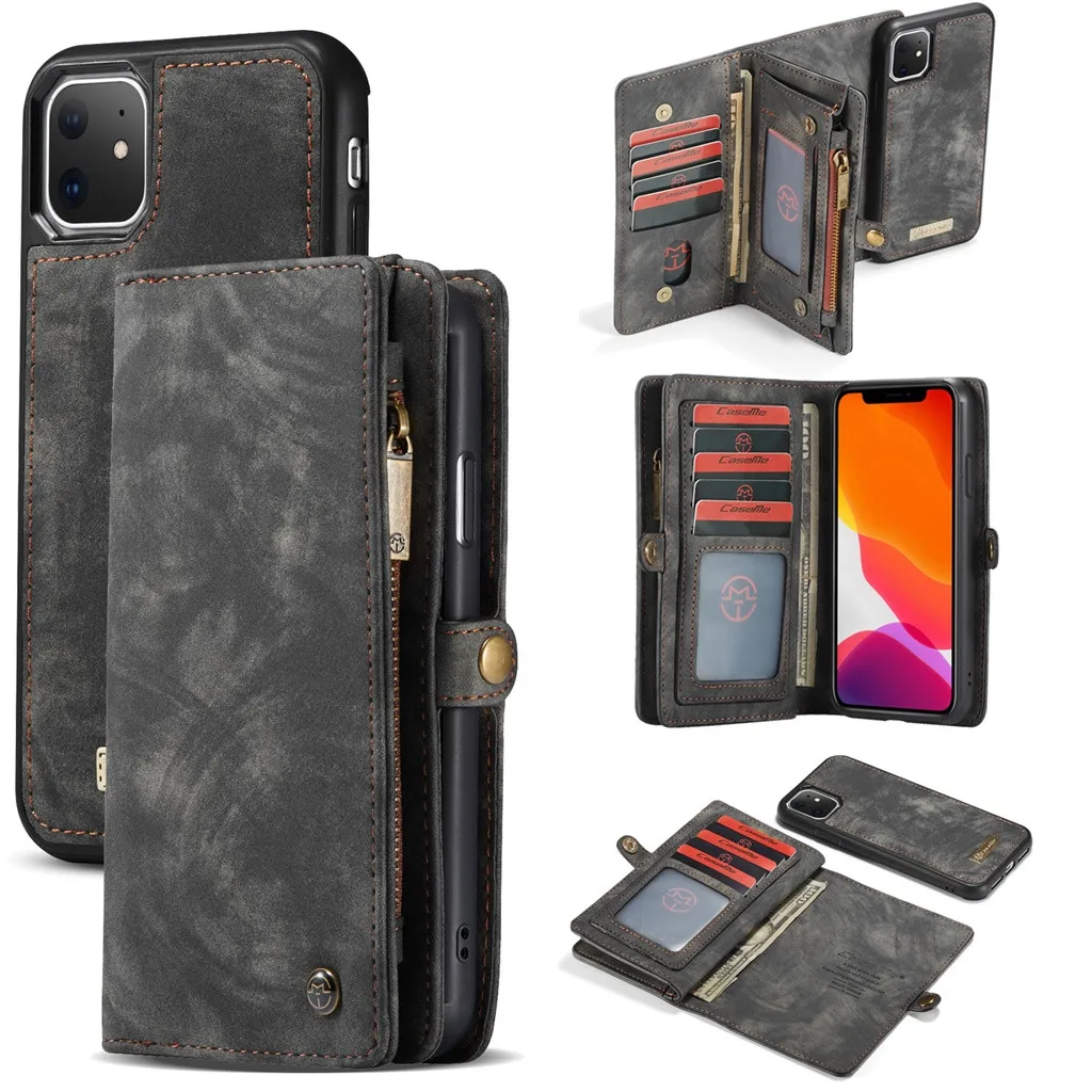 

CARPRIE mobile phone bags for iphone 11 case for iphone 11 pro max 6 6s 8 plus 1 inch 2-in-1 Slots Wallet Zip Leather Case