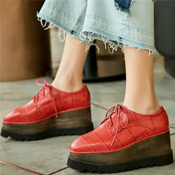 

Fashion Sneakers Women Lace Up Cow Leather Wedges High Heel Pumps Shoes Female Low Top Square Toe Platform Creepers Casual Shoes