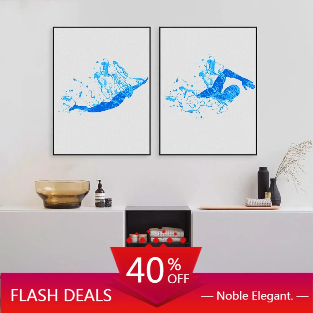 Christmas Canvas Paintings Swimming Wall Art Pictures Blue Splash Swimmer Poster Bathroom Decoration Home Decor | Дом и сад