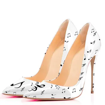 

YECHNE women Graffiti High heels Stiletto shoes Plus Size 33 43 44 Wedding Sexy Pumps Deep Party White Valentine's shoes