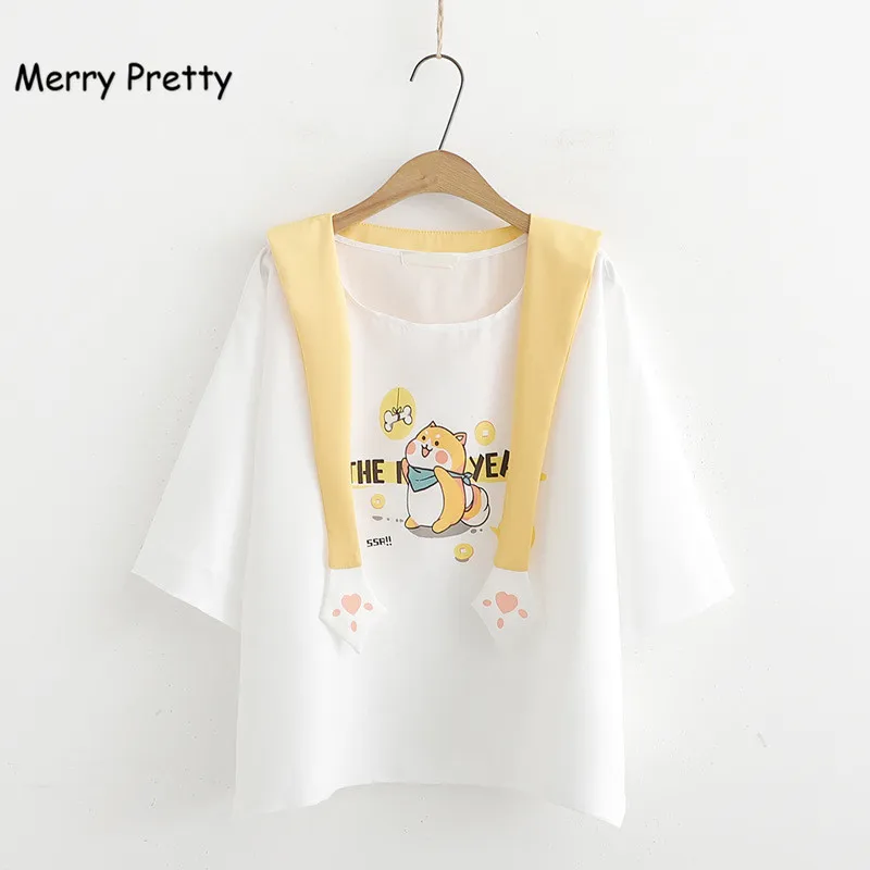 Merry Pretty harajuku милая белая футболка с матросским воротником желтые широкие брюки