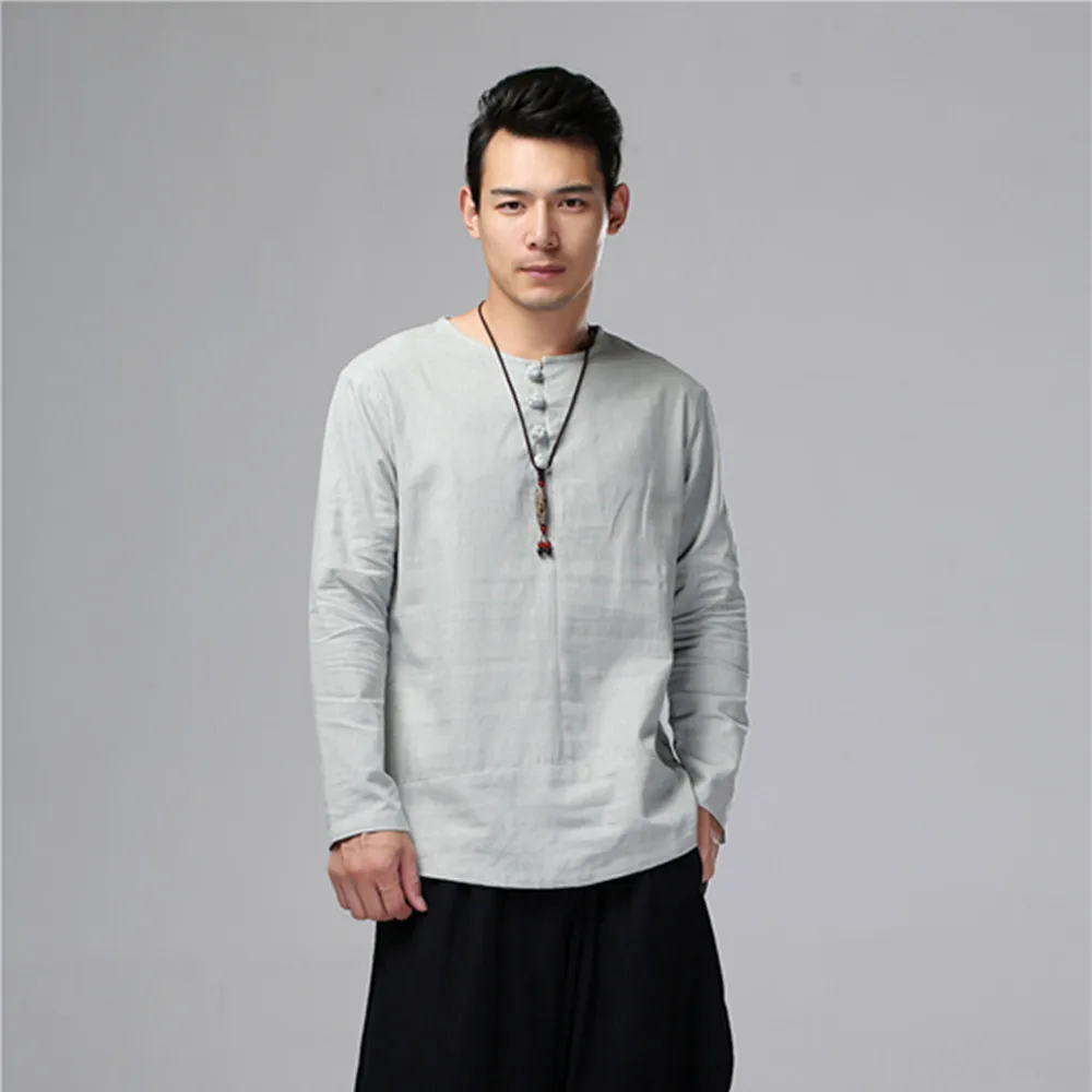 

19 Years New Products Wind MEN'S Wear Solid Color Flax round Neckline T-shirt Handmade Cloth Cover Long-sleeved Upper Garment Sh