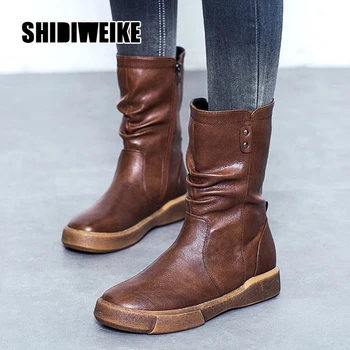 

2020 Women Pleated Ankle Boots Flats Winter Woman Soft leather Women's Warm Plush Comfort Footwear Female v716