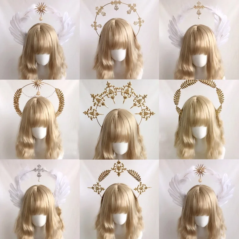 Anime Hair Accessories Costume Headband Angel Feather Wings Halo Crown Headpiece Gothic Lolita KC Headdress Angel Feather Wings Halo Goddess Headband Headdress Accessories