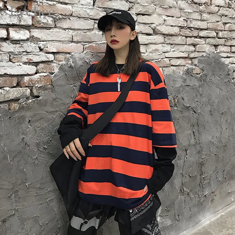 Lychee Harajuku полосатые поддельные 2 шт женские футболки хит цвет Женская футболка Топ Футболка пэчворк вырез лодочкой женские футболки топы тройники