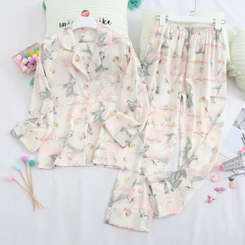 

Pink Print Women Pajamas Set Stain Long Sleeve 2PCS Sleepwear Nightwear Female Casual 2 PCS Shirt&Pant Silky Sleep Set Home Wear