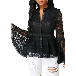 Chemisier transparent en maille pour femmes, grande taille, à la mode, transparent, manches longues évasées, Slim, Top en maille transparente, chemise noire 