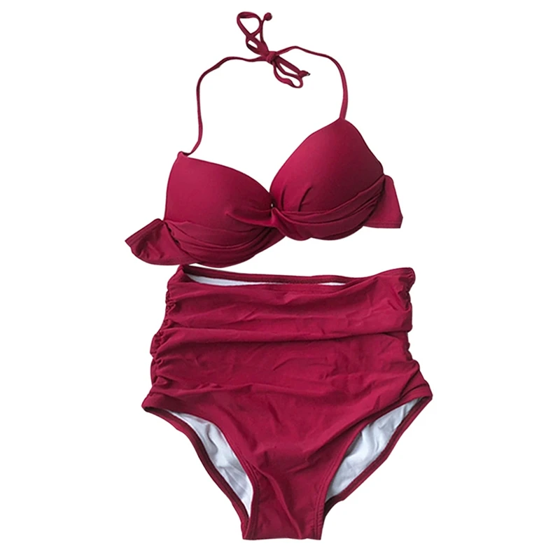 

Women Two Pieces Swimsuit High Waist Bikini Halter Swimwear Solid Color Red Beachwear Push Up Swim Beach Wear Bikini Set Rk