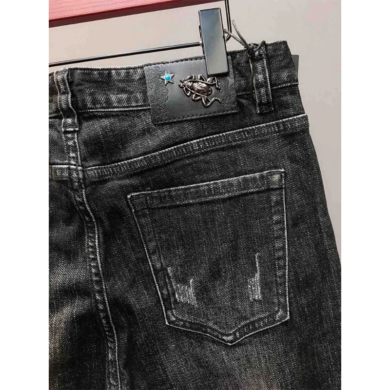 Starbags pp стрейч джинсы патч ткань мужской корейской версии slim fit Маленькие ноги нищий брюки Молодежный Глубокий серый тренд