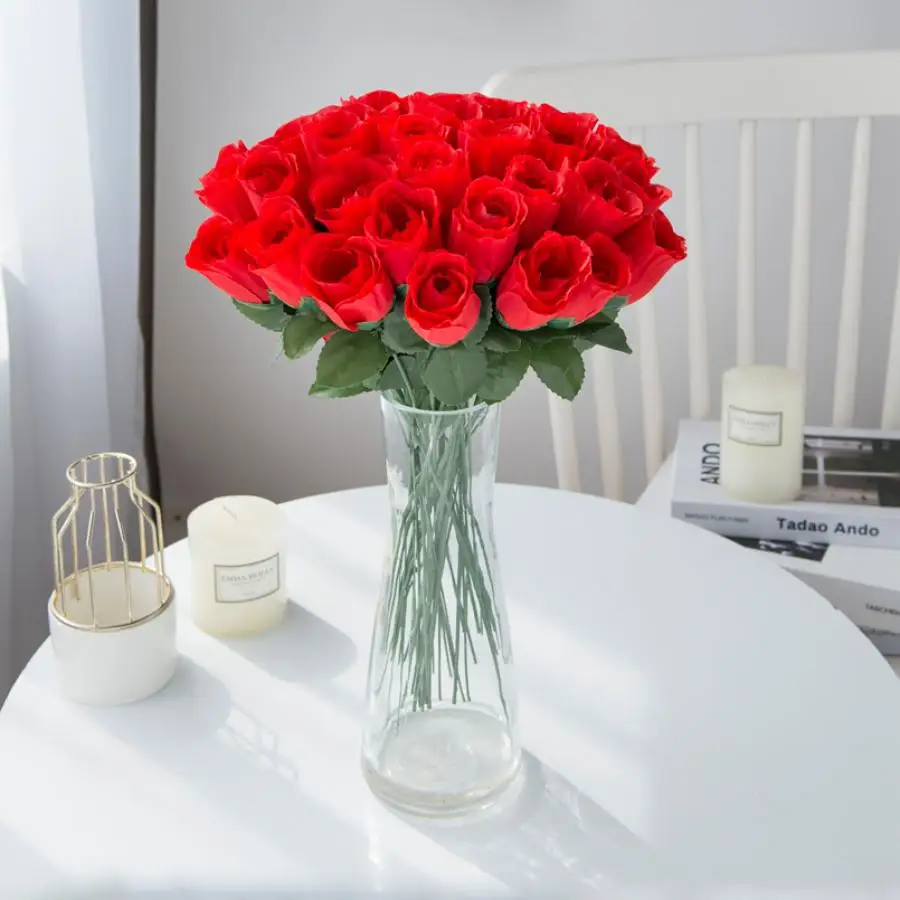 10Pcs Rose Di Seta Rosse Bouquet Vaso Per La Decorazione Domestica Giardino Matrimonio Ghirlande Decorative Pianta Finta Fiori Artificiali All'Ingross