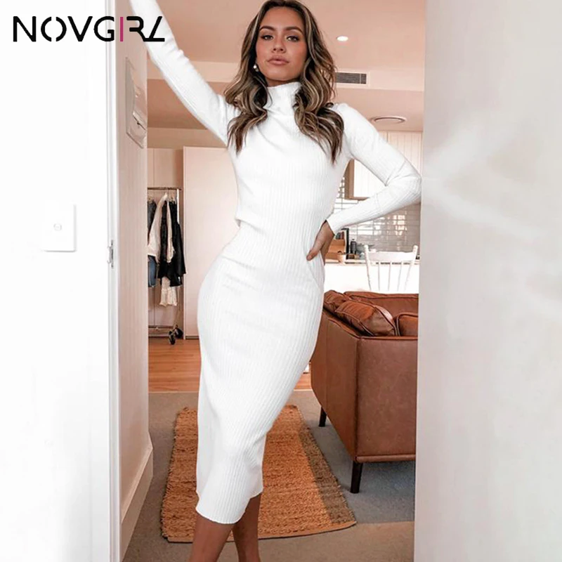 Novgirl/облегающее платье в рубчик с высоким воротом ropa mujer зимнее платье-свитер