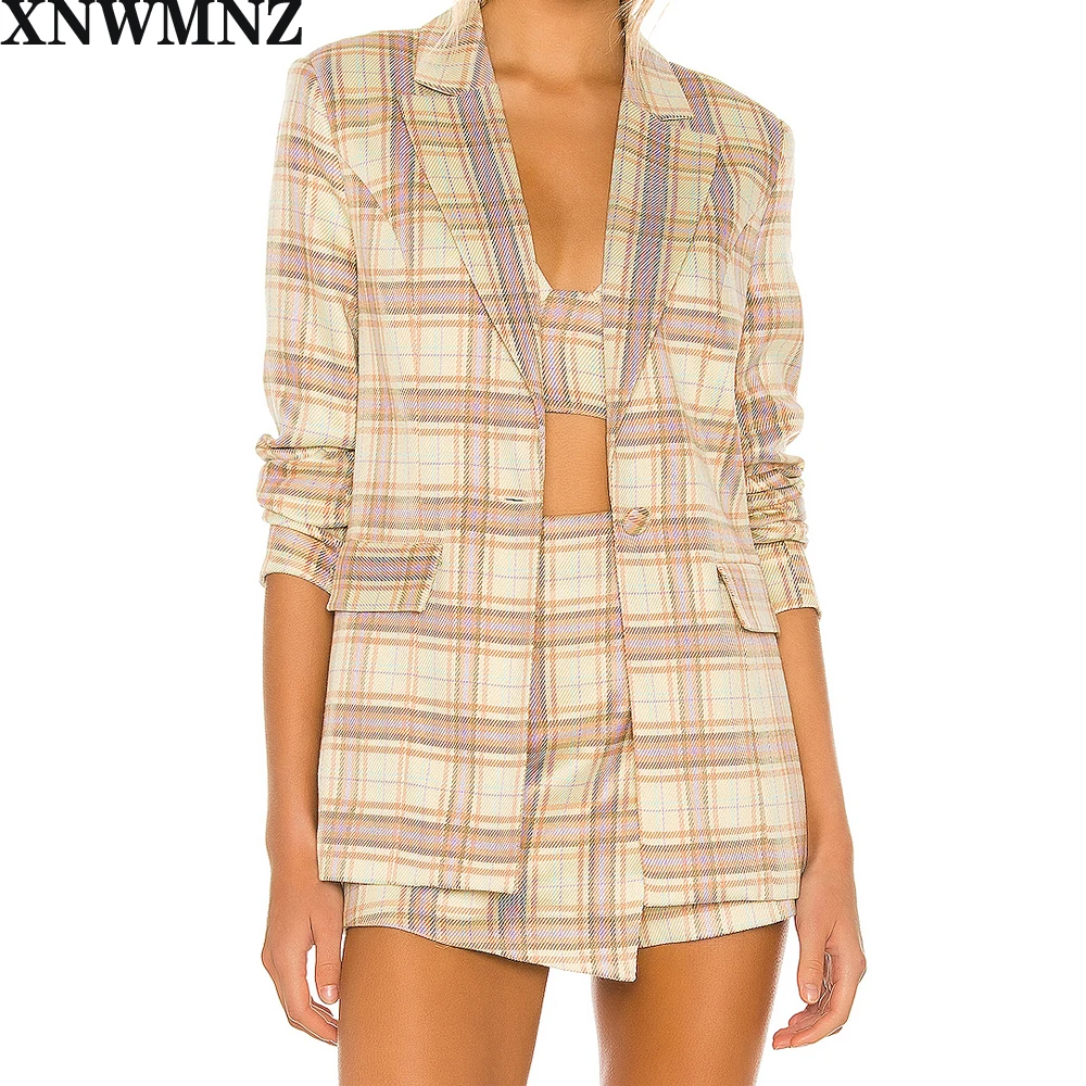 

XNWMNZ Za women Blazer 2020 New Single Button Pocket plaid striped blazer Elegant Coat Autumn Femme Office Vintage Jacket sets