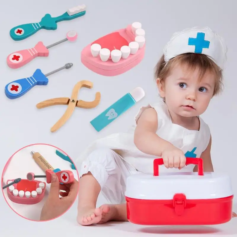 

Doctor Role Play Game Wood Simulation Dentist 6pcs Kit Children Puzzle Toys Doctor Cosplay Game Toys Kids Dentist Medicine Box