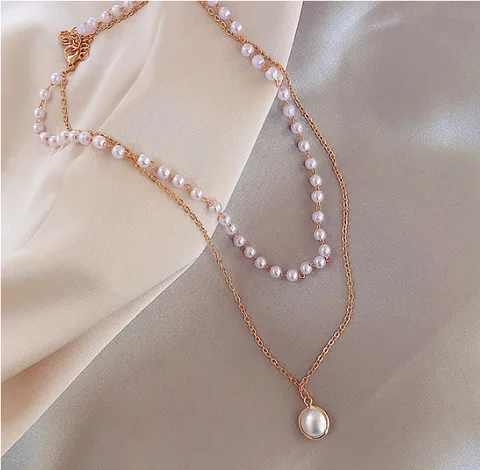 Fashion Kpop Choker Necklace Cute Double Layer Chain Baroque Pearl Pendant For Women Charm Bead Wedding Jewelry Girl Gift