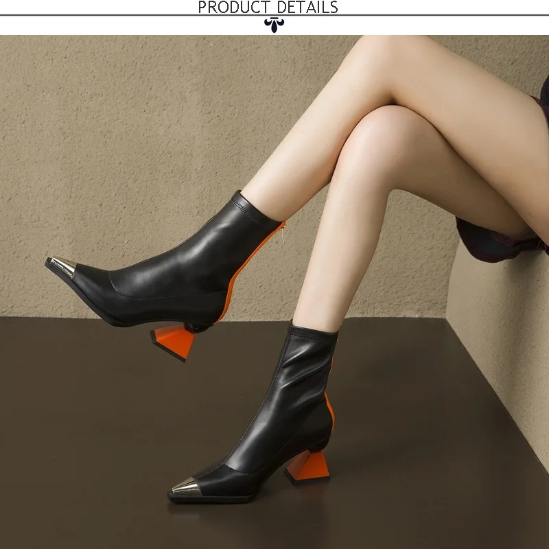 ZVQ/пикантные женские ботильоны из натуральной кожи Модная осенне-зимняя женская обувь на высоком каблуке 7 см оранжевого, красного, бежевого цвета 33-40CN