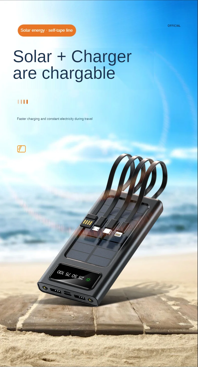 Solar Power Bank 20000mAh With Its Own Charging Cable Outdoor Powerbank External Battery Portable Charger Auxiliary Battery charmast