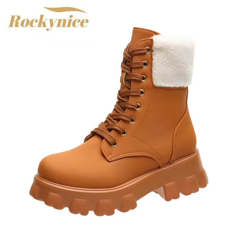 Chunky Platform Ankle Snow Boots For Women 2022 Winter Warm Pu Leather Botas  Mujer Thick Sole Lace Up Motorcycle Shoes Woman 5cm - Women's Boots -  AliExpress