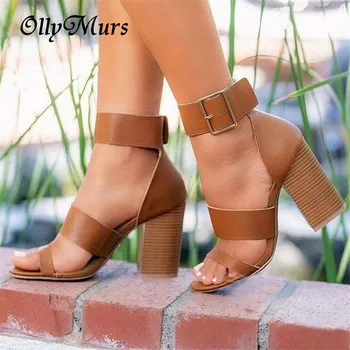

Women high heels sandals summer open toe gladiator ladies shoes block heels buckle strap sandals large size zapatos mujer