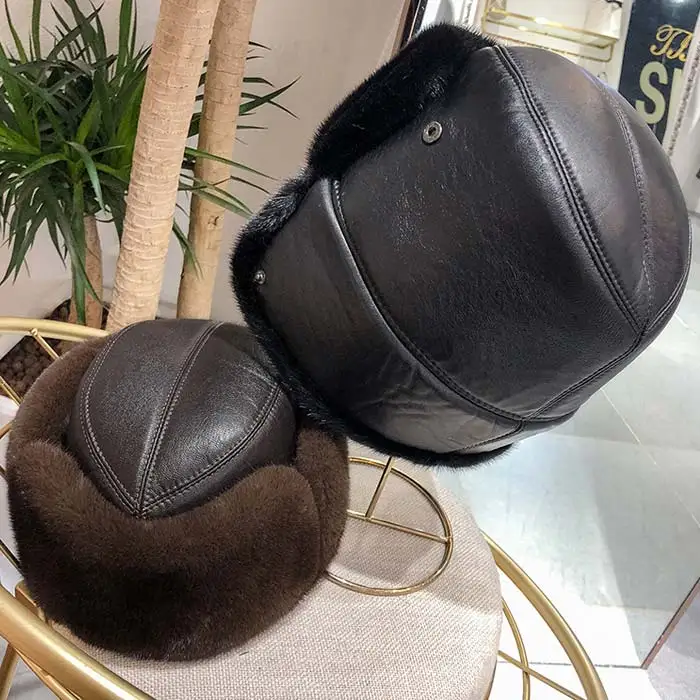 Middle-Aged And Old Men'S Mink Fur Hats Warm Earmuffs With Sheepskin Leather Hats