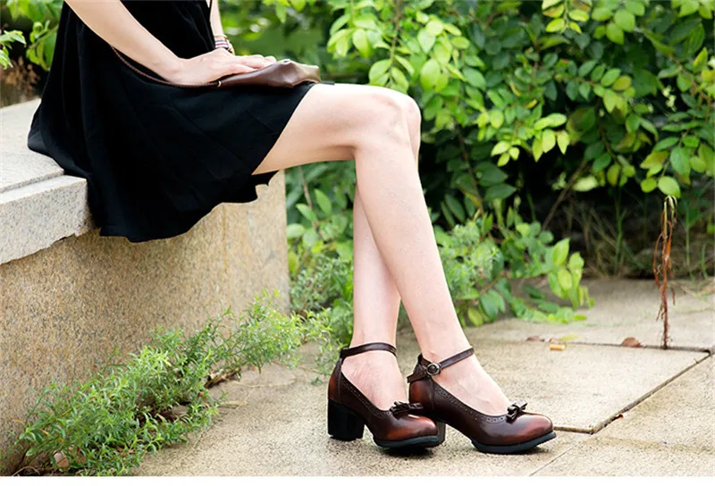 Japanese Buckle Strap Bow Women Oxford High Thick Heels Lolita Shoes British Genuine Leather Single Brogues Shoes Woman Size 43 (34)