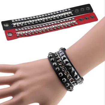 Multilayers Rock Spikes Rivet Chains Gothic Punk Wide Cuff Leather Bracelet Bangle