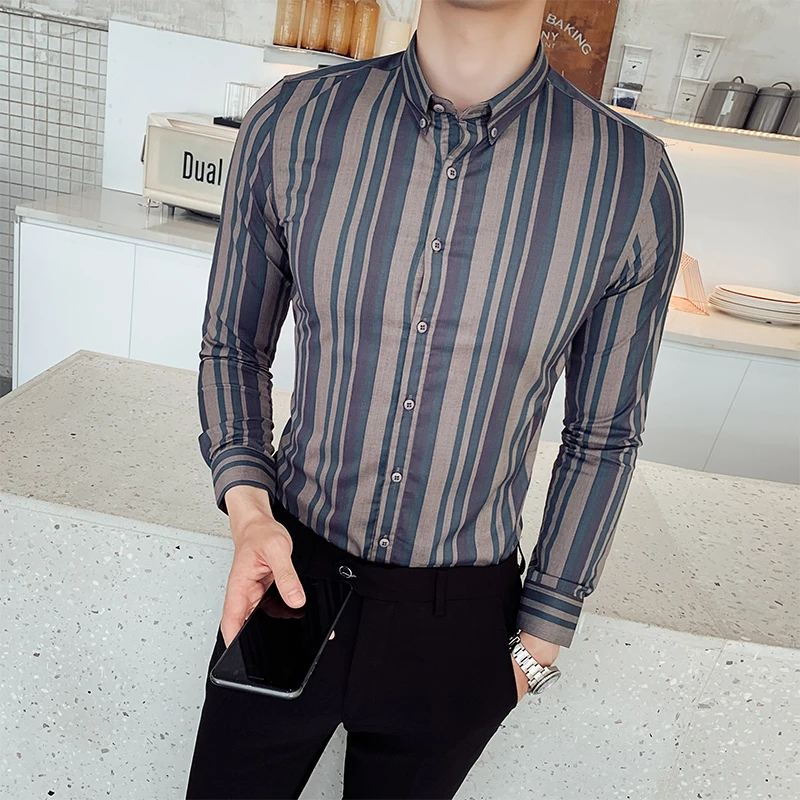 

2019 autumn new Korean version of the British slim striped long-sleeved shirt men's youth business casual shirt shirt