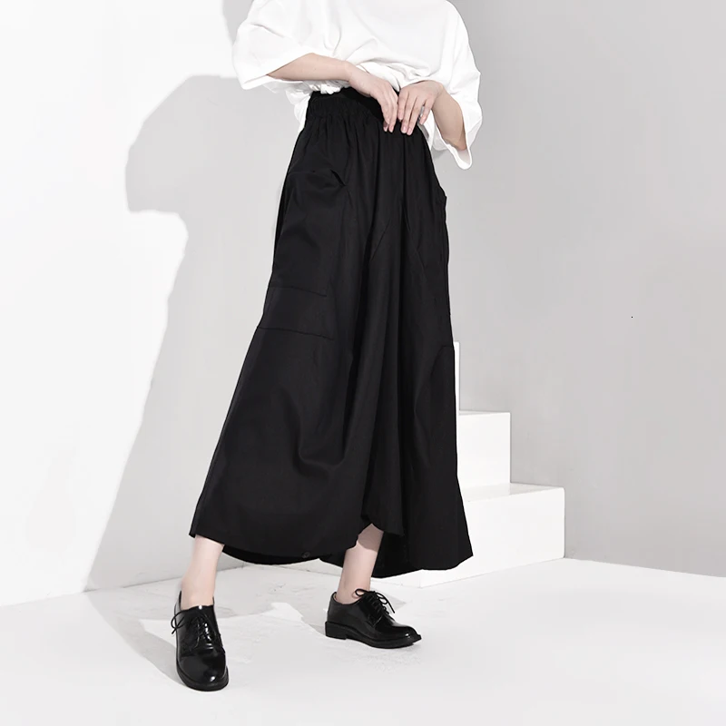 [EAM] черные плиссированные длинные широкие брюки с высокой эластичной талией, новые свободные брюки, женские модные весенне-осенние брюки EF2990