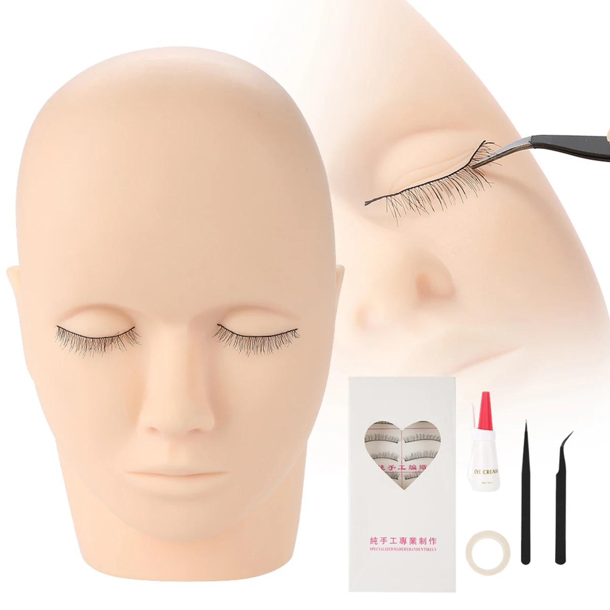 

False Eye Lashes Extension Exercise Training Kit With Makeup Mannequin Head Grafting Eyelash Tools Eyelashes Graft Practice Kit