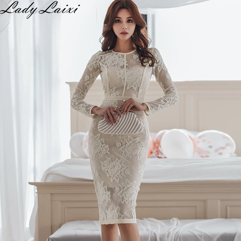 Осенне-зимнее элегантное кружевное платье с цветочным рисунком, женское сексуальное облегающее платье-футляр, офисные вечерние платья - Цвет: Белый