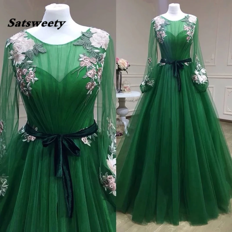 Emerald Green Prom Dress Lace Tulle Puffy Long Sleeves Formal Party Gown Factory Outlet Evening
