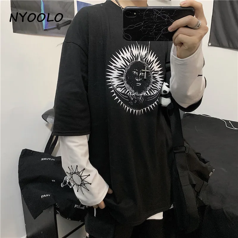 NYOOLO Harajuku уличная Женская толстовка с принтом из двух частей Лоскутная свободная футболка с длинными рукавами и круглым вырезом Женская Мужская одежда топы