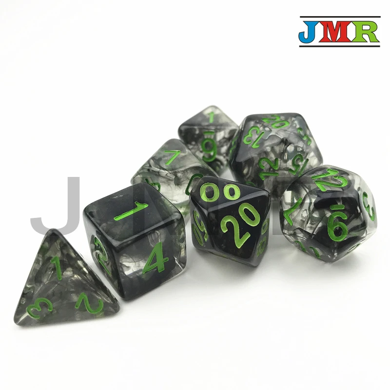 Nebular 7 шт./компл. Juegos De стол черные данные с зелеными точками D4 D6 D8 D10 % D20 для