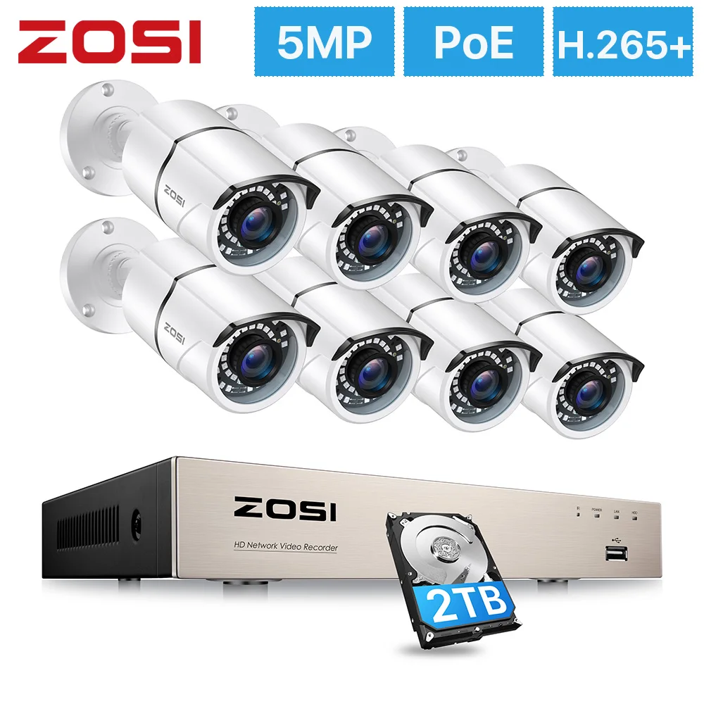 ZOSI H.265+ 8CH 5MP POE Security Camera System Kit 8 x 5MP Super HD IP Camera Outdoor Waterproof CCTV Video Surveillance NVR Set