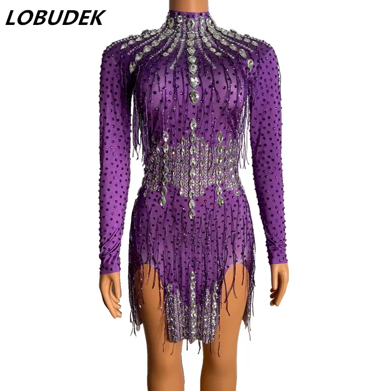

Big Rhinestones Purple Tassel High Neck Short Dress Women Birthday Prom Celebration Crystals Dresses Latin Dance Fringe Costume